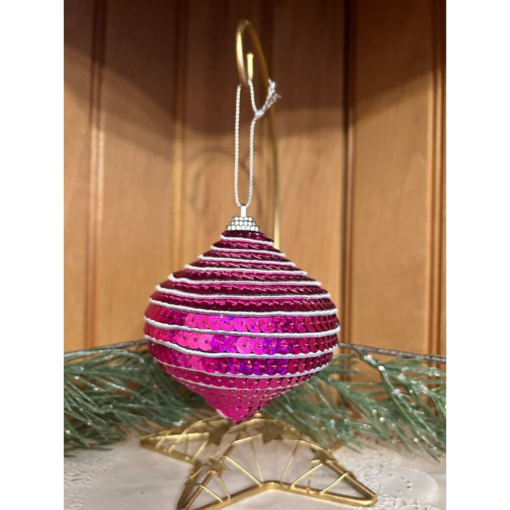 Pink Silver Sequin Spiral Teardrop Christmas Ornament Silver Hanging Loop